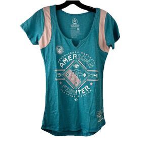 American Fighter Womens T-Shirt MASSACHUSETTS Panel Tee Biker XS heather teal